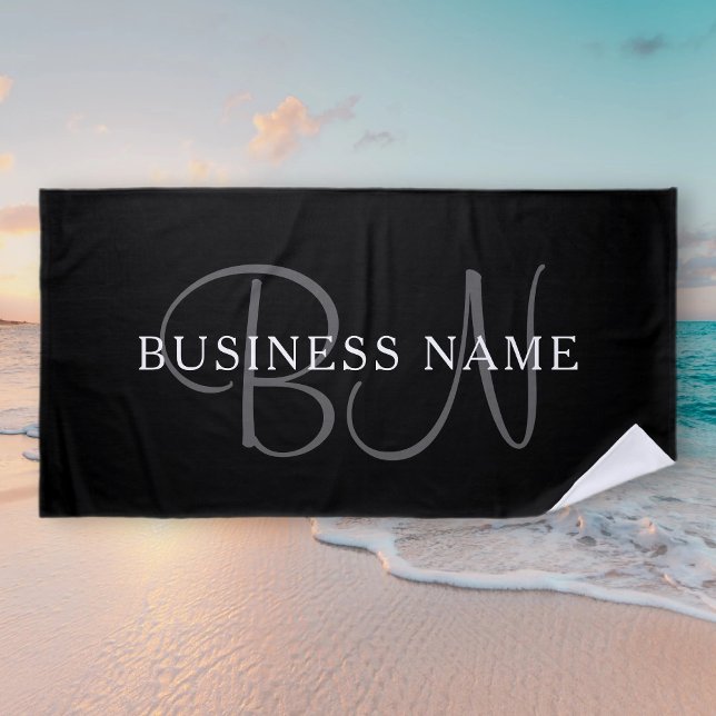Name des Unternehmens oder Name Monogram | Schwarz Strandtuch (Von Creator hochgeladen)