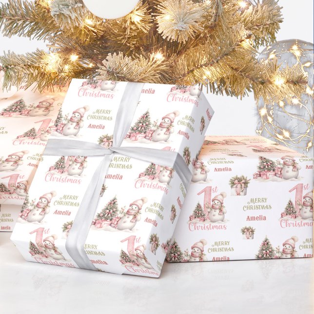 Name des Vintagen Snowman-Mädchens Geschenkpapier (First Christmas Vintage Snowman Girl Name Wrapping Paper)