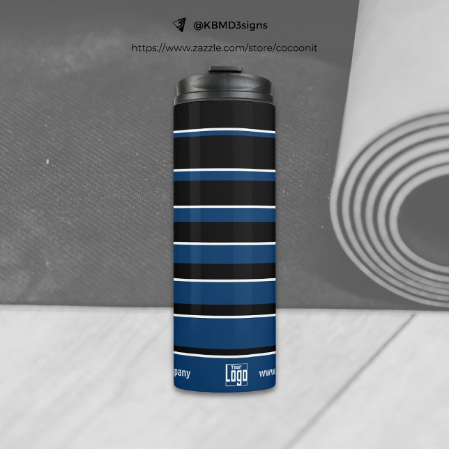 Name des Werbeplakats QR-Code WWW Blue White Thermosbecher (Business Promo Logo Name QR-Code WWW Blue White Thermal Tumbler, Striped)
