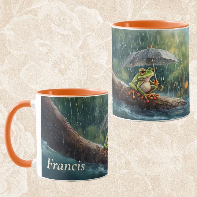 Name des Whimsical Cotattecore Rainy Day Tasse (Whimsical Woodland Cottagecore Frog Rainy Day Aesthetic Custom name coffee mug teacher gift)