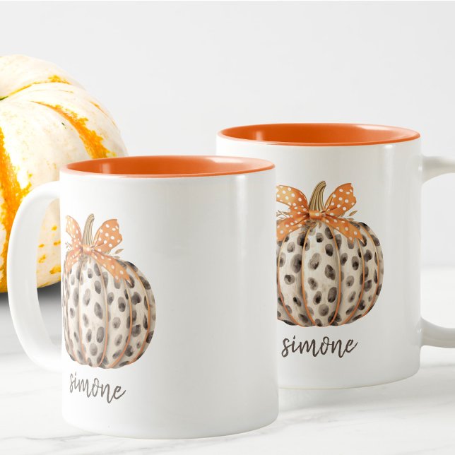 Name Editable Niedlich Orange Pumpkin Harvest Fall Zweifarbige Tasse (Von Creator hochgeladen)