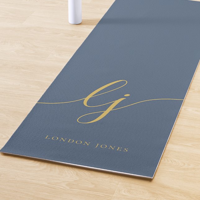Name einfache Kalligrafie Navy Blue Gold Yogamatte (Von Creator hochgeladen)