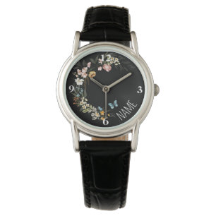 Name, elegante niederländische Florals Black Leath Armbanduhr