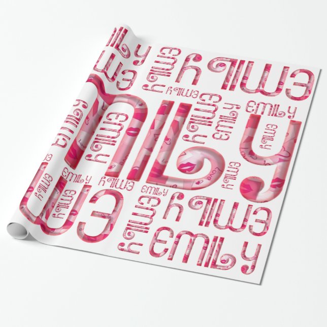 Name Emily Niedlich Pink Liebe Herz Kiss Typografi Geschenkpapier (Ungerollt)