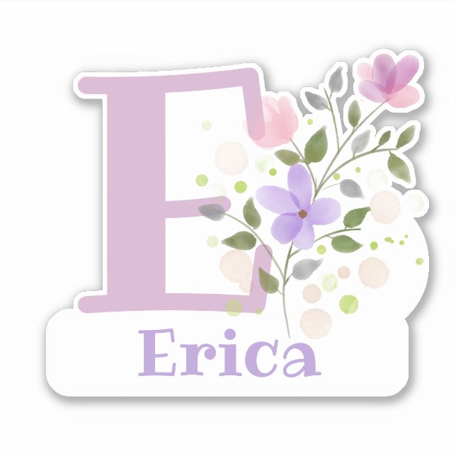 Name Erica plus Initial mit Blumendesign Aufkleber (Vorderseite)