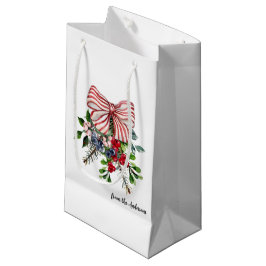 Name || Evergreen Berries and Red White Stripe Bow Kleine Geschenktüte