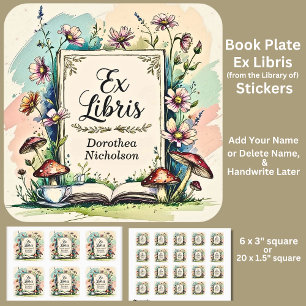 Name Ex Libris Aquarell Cottagecore hinzufügen Quadratischer Aufkleber