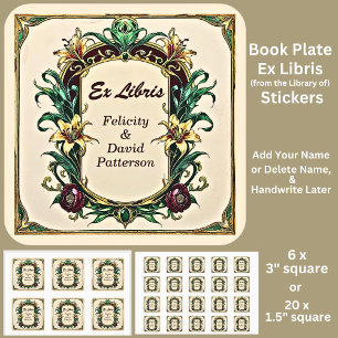 Name Ex Libris hinzufügen Elegantes Jugendstil Quadratischer Aufkleber
