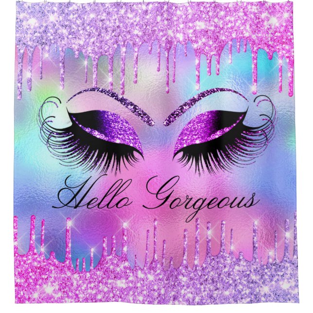 Name Eyelashes Makeup Pink Girly Tropfen Holograph Duschvorhang (Vorderseite)