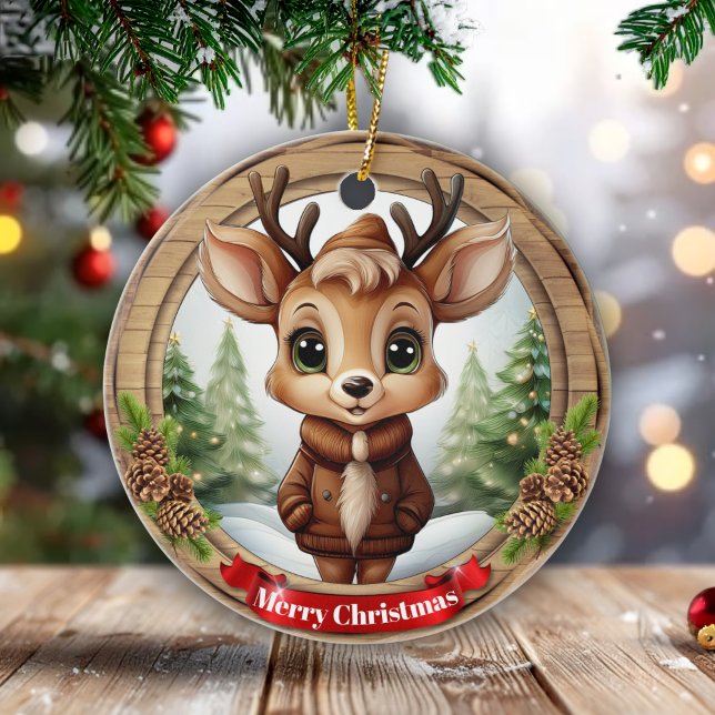 Name Fantastisches Rentier Rustikaler Weihnachtsba Keramik Ornament (Custom Name Whimsical Reindeer Rustic Xmas Deer with Antler Animal Holiday Tree ceramic ornament🦌🎄)