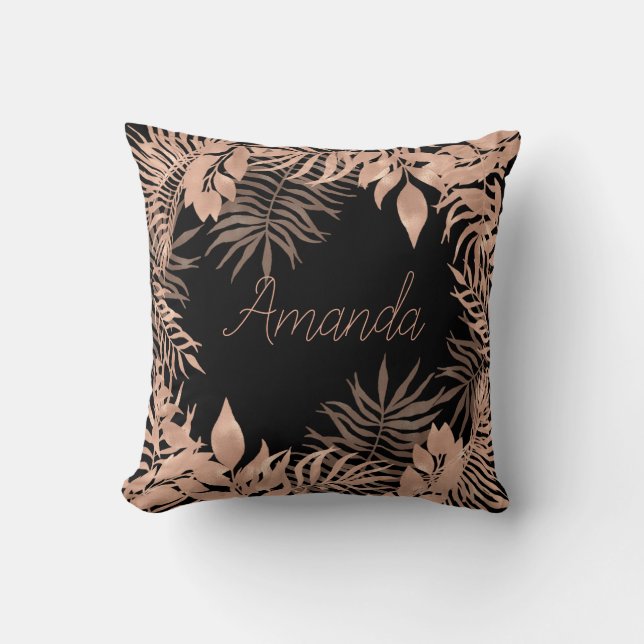Name Floral Pink Rose Gold Tropical Black Kissen (Vorderseite)