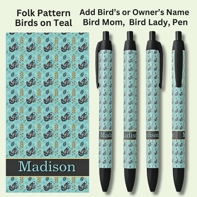 Name, Folk Muster Black Birds auf Aquamarin Green  Kugelschreiber (Von Creator hochgeladen)