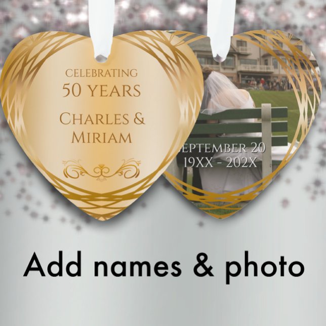 Name & Foto Golden 50. Hochzeitliches Herzstück Ornament (Personalize this photo template for a golden 50th wedding anniversary gift. 
)