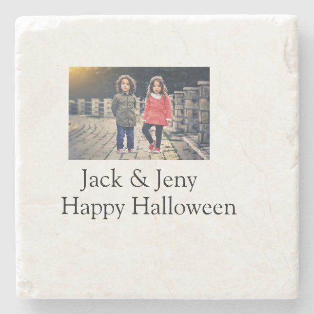 Name Foto Text Halloween Junge Steinuntersetzer (Vorderseite)