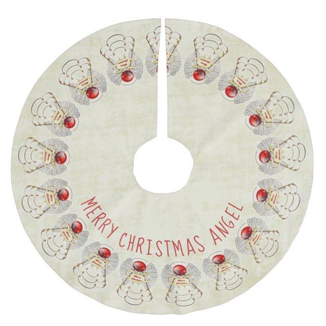 Name: Frohe Weihnachten Filigree Engel Rot/Cream Polyester Weihnachtsbaumdecke (Vorderseite)