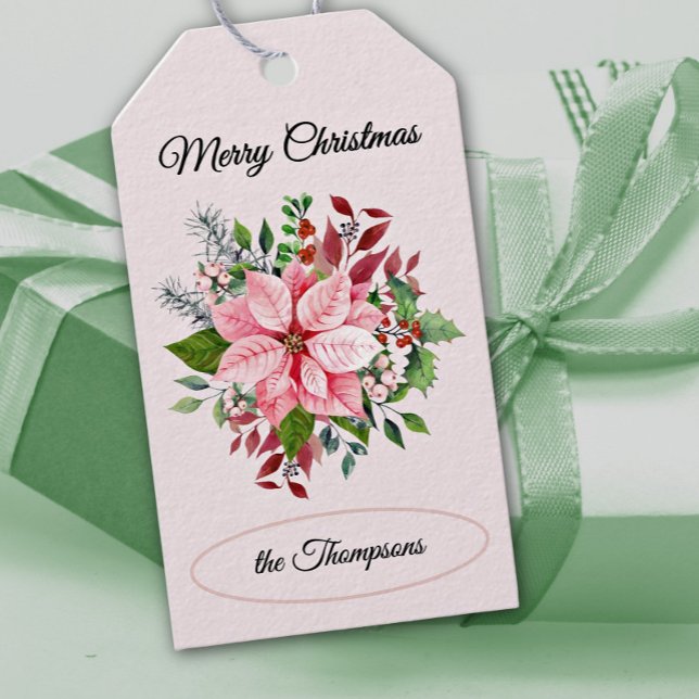 Name, Frohe Weihnachten Pink Poinsettia Blume 10 Geschenkanhänger (Von Creator hochgeladen)
