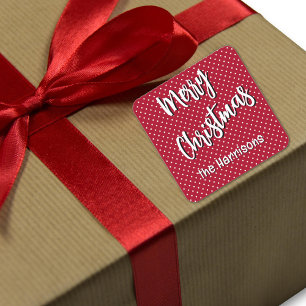 Name, frohe Weihnachts-Rot und weiße Polka-Punkte Quadratischer Aufkleber