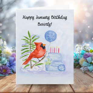 Name Frohen Januar-Geburtstag Kardinal mit Kuchen Karte