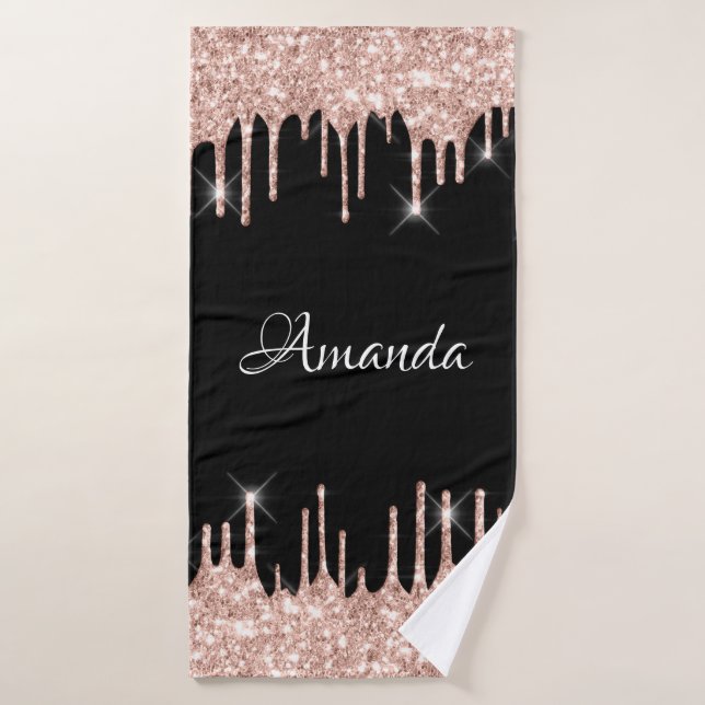 Name Funkelnd Glitzer Tropfen Rosa Rose Gold Black Badehandtuch (Badehandtuch)