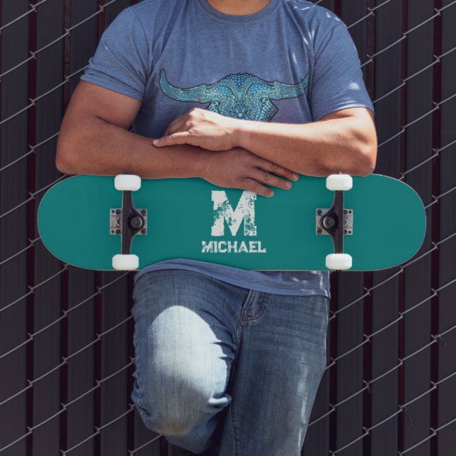 Name für Aquamarin blaue grüne Vorlagenmonogramm Skateboard (Außenbereich 3)