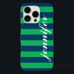 Name für das benutzerdefinierte Skript für grüne u iPhone 16 Pro Hülle<br><div class="desc">Dress up and protect your iphone with a preppy,  modern and fett gestreifte pattern design,  that is custom mit Monogramm with your first name in a Kleinbuchstaben script Schriftart. Dunkle Marine / Indigoblau und kelly grüne horizontale Streifen kontrastiert mit weißem Text.</div>