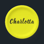 Name für Schwarze Personalisierung | Neongelbe Far Pappteller<br><div class="desc">Fett bedruckte Teller mit einem personalisierten Schwarz-Namen-Design auf einem auffallenden neongelben Hintergrund. Ideal für Party,  Veranstaltungen und Feiern,  die eine lebendige Touch benötigen.</div>