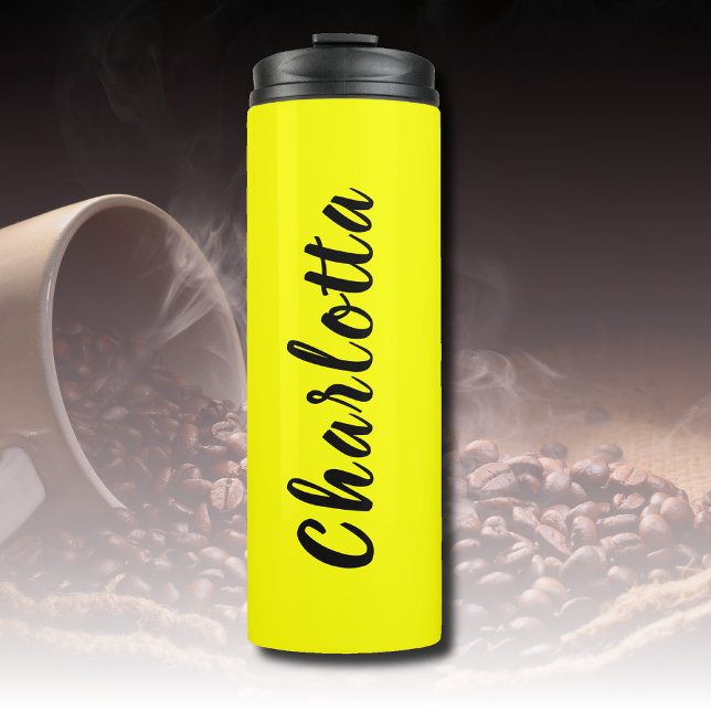 Name für Schwarze Personalisierung | Neongelbe Far Thermosbecher (Von Creator hochgeladen)
