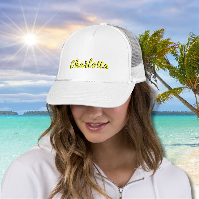 Name für Schwarze Personalisierung | Neongelbe Far Truckerkappe (Von Creator hochgeladen)