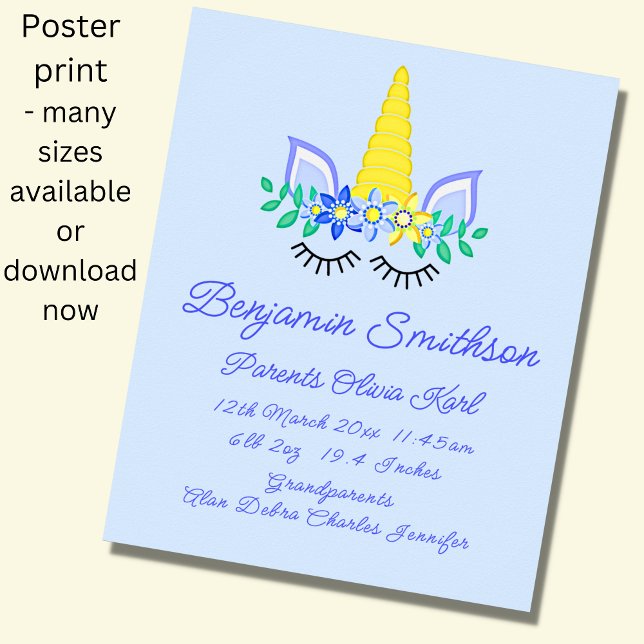 Name Geburtsdetails hinzufügen, Einhorn-Augen-blau Poster (Von Creator hochgeladen)