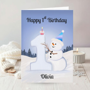 Name Glücklicher 1. Geburtstag Schneemann Bau Eins Karte