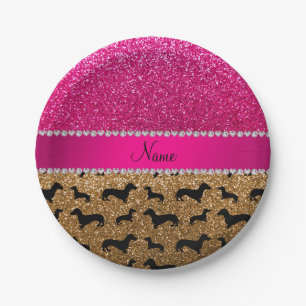 Name Gold Glitzer Dackel Rosa Glitzer Pappteller