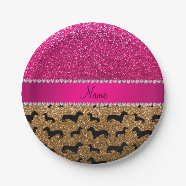 Name Gold Glitzer Dackel Rosa Glitzer Pappteller (Vorderseite)