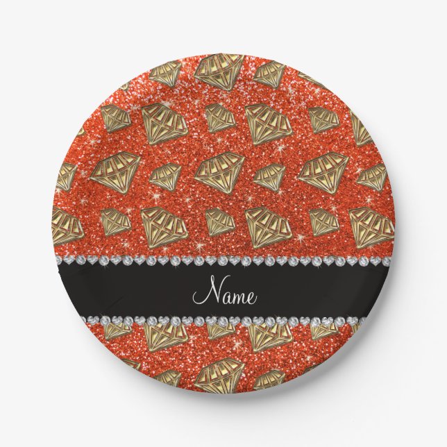 Name Golddiamant Neonorange Glitzer Pappteller (Vorderseite)