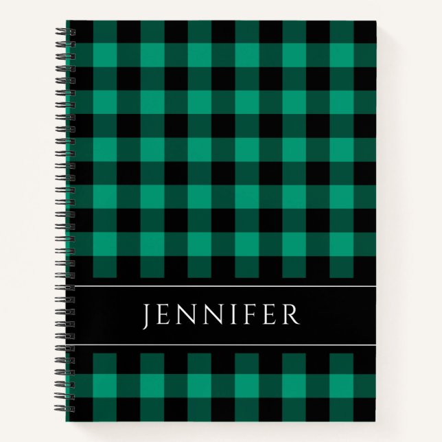 Name Green & Black Karos Kariert Gingham Pattern Notizbuch (Vorderseite)