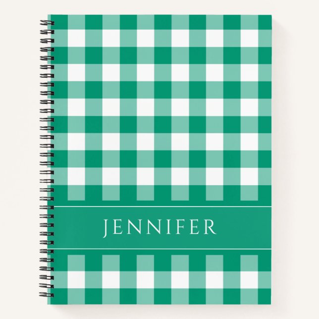 Name Green & White Gingham Checkered Pattern Edito Notizbuch (Vorderseite)
