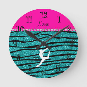 Name gymnast turquoise glitter zebra stripes runde wanduhr