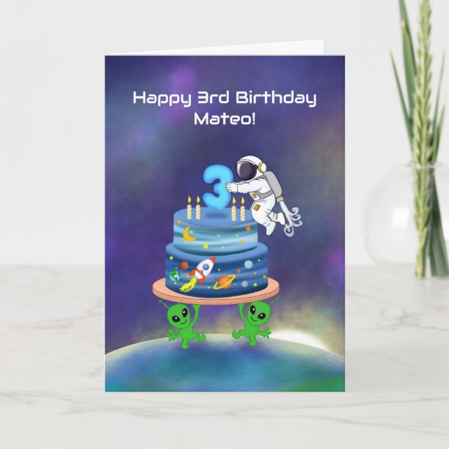 Name Happy 3rd Birthday Astronaut with Aliens Karte (Vorderseite)