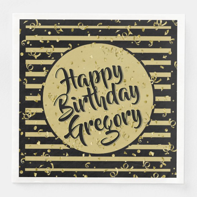 Name Happy Birthday Black/Gold Streifen Muster Serviette (Vorderseite)