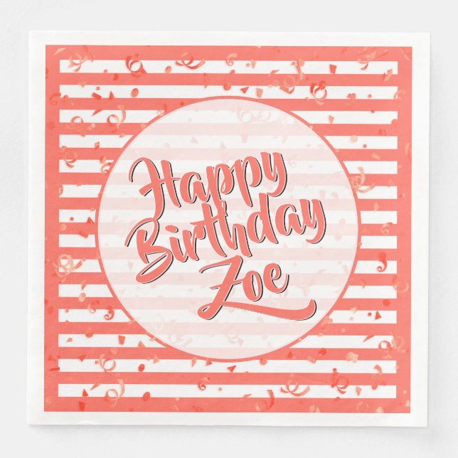 Name Happy Birthday Coral Simple Stripes Muster Serviette (Vorderseite)