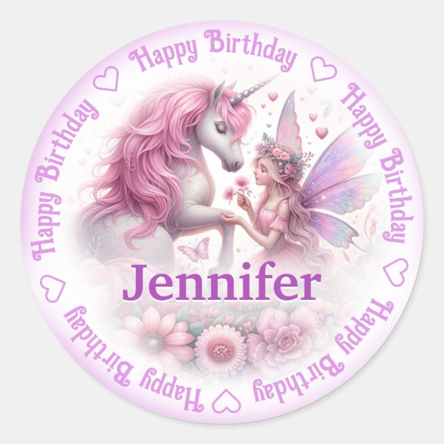 Name Happy Birthday Fairy & Unicorn hinzufügen Runder Aufkleber (Vorderseite)