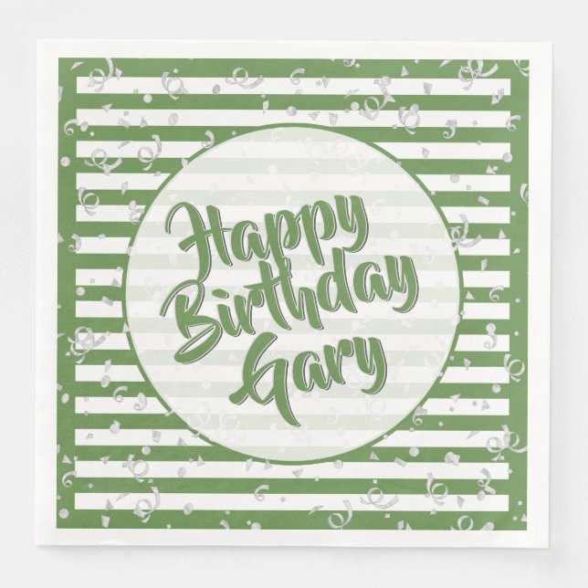 Name Happy Birthday Green Simple Stripes Muster Serviette (Vorderseite)