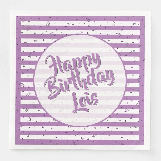 Name Happy Birthday Lavender/White Stripes Muster Serviette (Vorderseite)