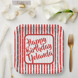 Name Happy Birthday Red Simple Stripes Muster Pappteller