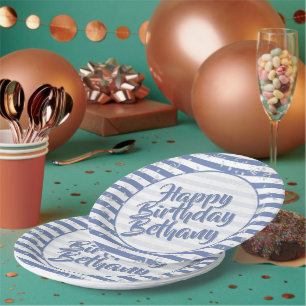 Name Happy Birthday Simple Stripes Pattern Blau Pappteller