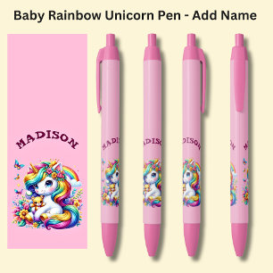 Name hinzufügen, Baby Rainbow Unicorn auf Rosa Kugelschreiber