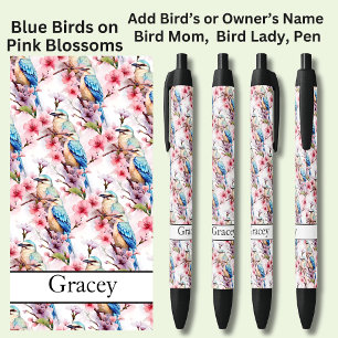 Name hinzufügen, Blaue Vögel auf rosa Blüten Kugelschreiber