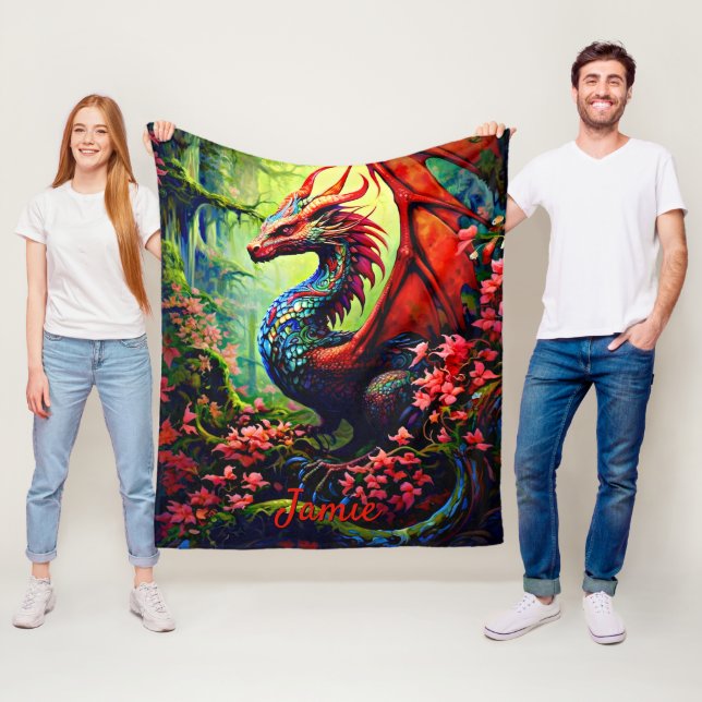 Name hinzufügen, Blume Dragon mit roten Flügeln Fleecedecke (Beispiel)