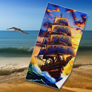 Name hinzufügen, Braunes Piratenschiff in Wellen Strandtuch