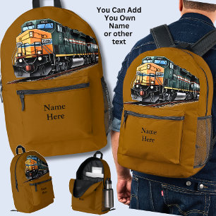 Name hinzufügen, Diesellokomotive auf braun Bedruckter Rucksack
