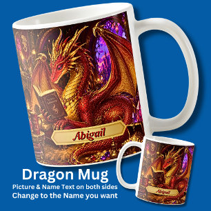 Name hinzufügen, Fantasy-Drache mit Buch und Kaffe Kaffeetasse